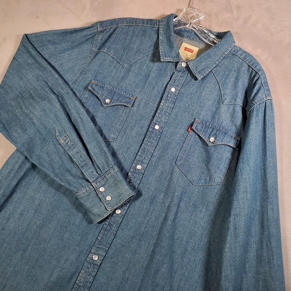 Levis Jean Shirt Mens XL Blue Med Wash Denim Pearl Snap Western Ranch Rodeo Work